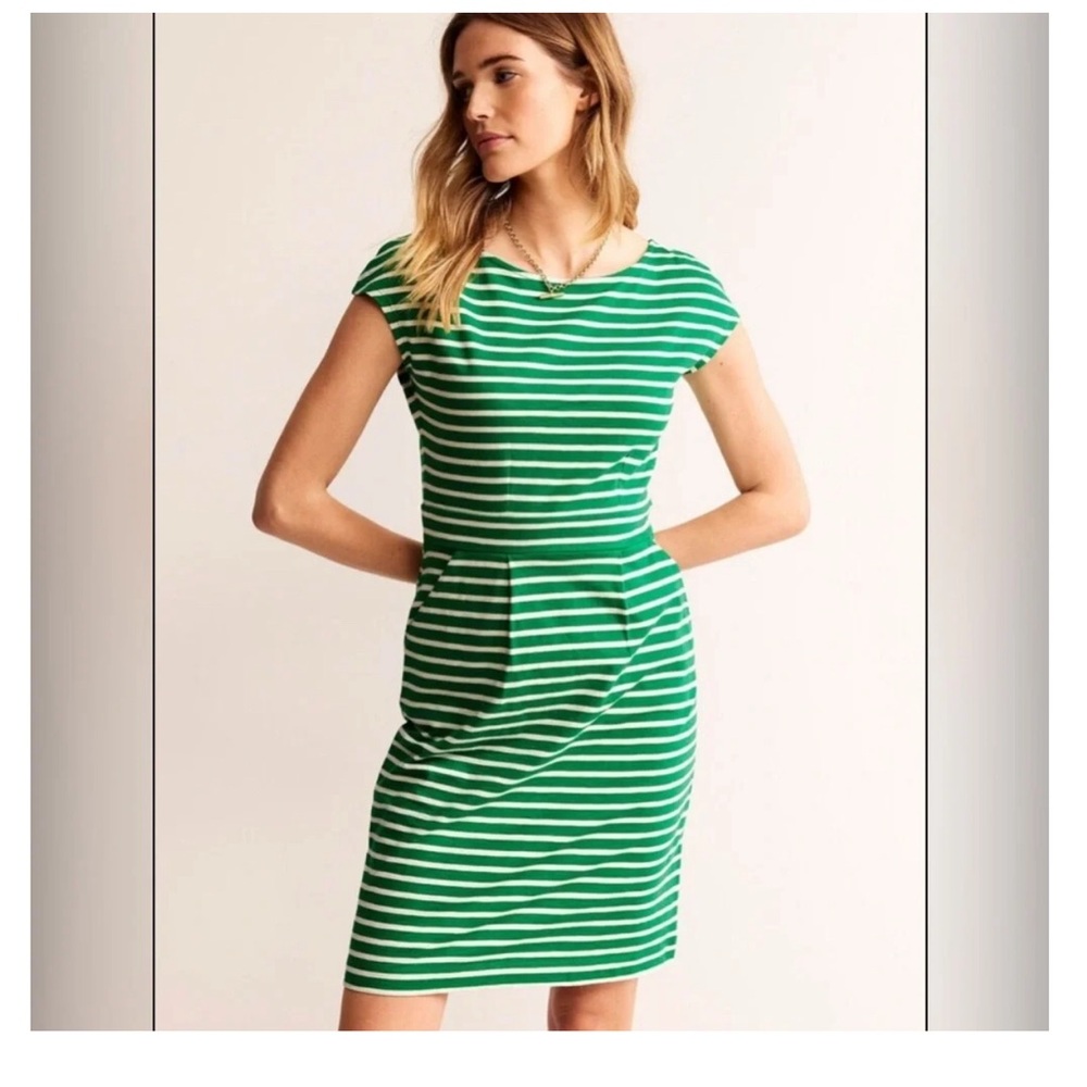 Boden Green and White Striped Cap-Sleeve Sheath Dress